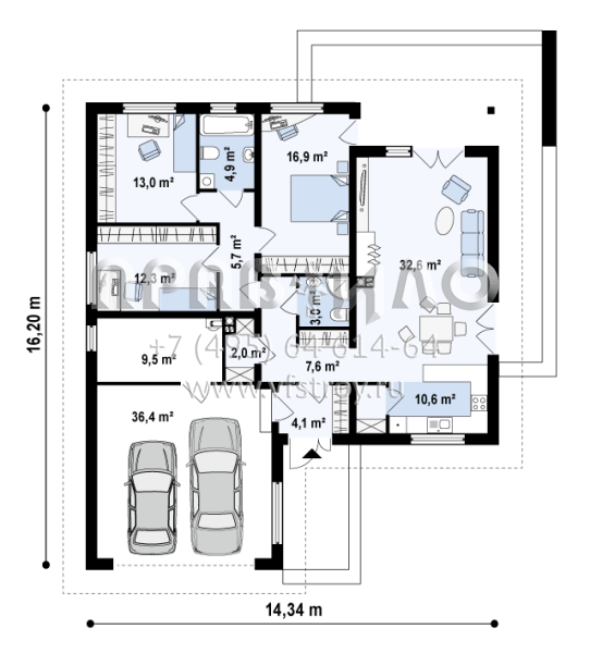 Проект частного одноэтажного дома с встроенным гаражом  S3-158-1 (Z203)