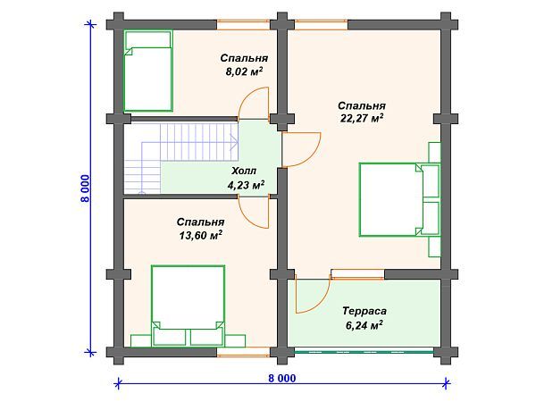 Проект деревянного дома из бревна 8 на 8 м с 3 спальнями S4-112 (ДО-027)