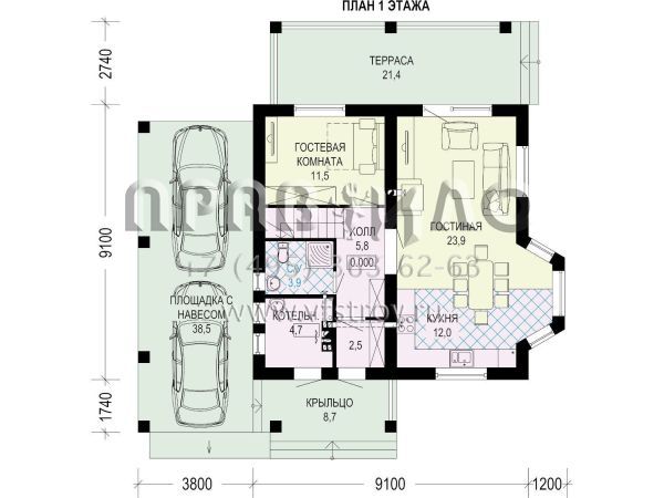 Проект дома с шатровой крышей, террасой и навесом для двух автомобилей S7-145 (3-27 e2)