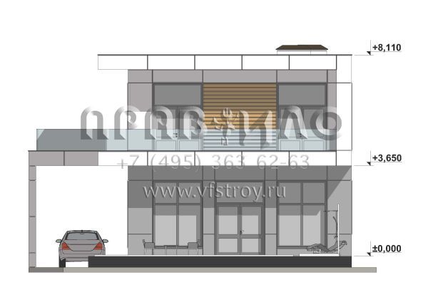 Проект дома с большой террасой и навесом для автомобиля S-158