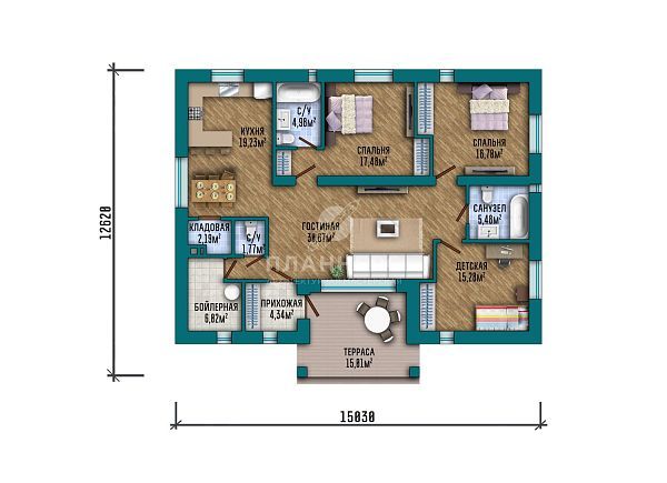 Проект одноэтажного дома с большой террасой S2-131 (440-132-1)
