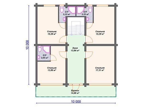 Проект деревянного дома из бревна 10 на 15 с навесом для 2 авто S4-235 (ДО-042)