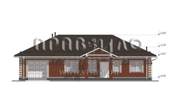 Проект одноэтажного облицованного кирпичом дома с гаражом на одну машину  S-150