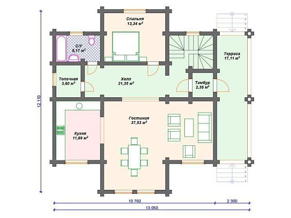Проект деревянного дома из бревна 11 на 12 м с террасой и мансардой S4-202 (ДО-116)