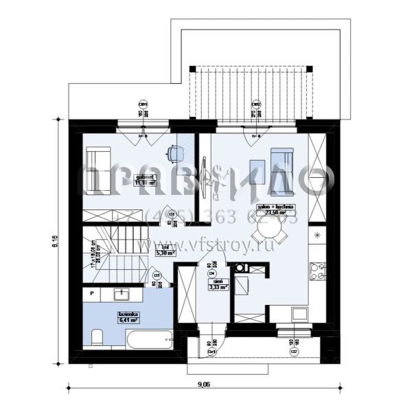 Проект маленького дома с мансардным этажом без свесов кровли s3-105 (Z451)