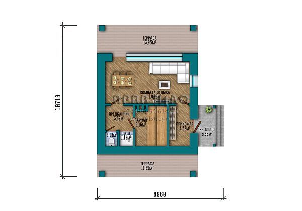 Проект компактной одноэтажной бани в классическом стиле с большой террасой S2-48 (350-48-1)