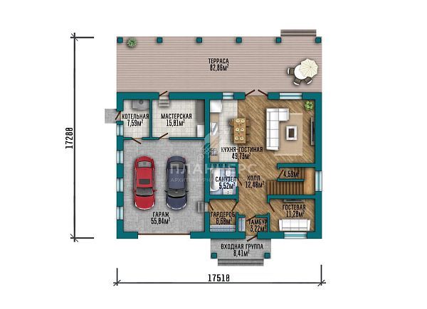 Проект с гаражом, террасой и фасадом из серого кирпича S2-293 (531-293-2Г)