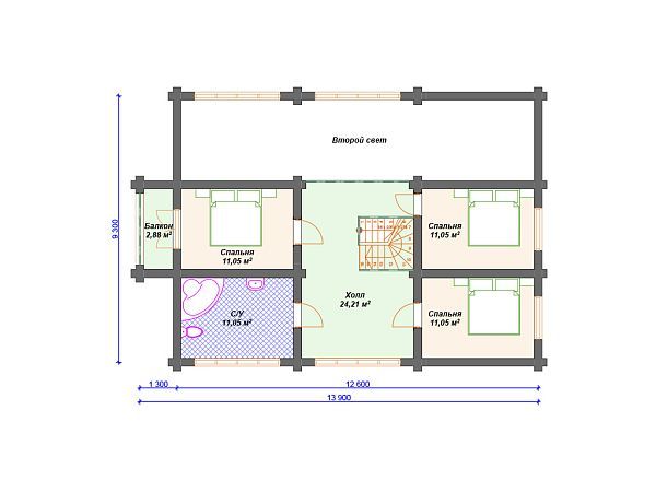 Проект деревянного дома из бревна 9 на 12 м с навесом для авто S4-221 (ДО-010)