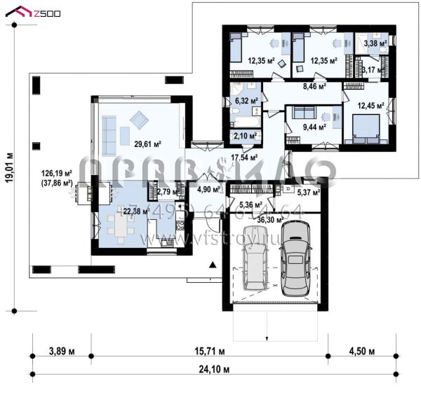 Проект стильного одноэтажного дома с большой гостиной, четырьмя спальнями и двухместным гаражом S3-194 (Zx168)