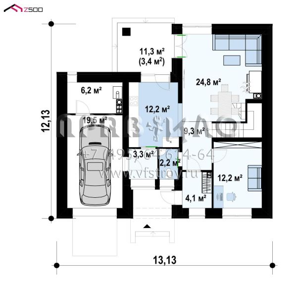 Проект современного двухэтажного дома с гаражом, балконом и камином  S3-166-11 (Zx24 k)