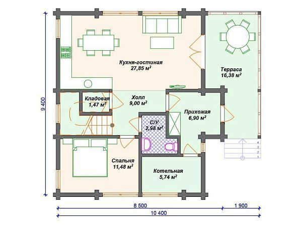 Проект деревянного дома из бревна с 3 спальнями S4-142 (ДО-149)