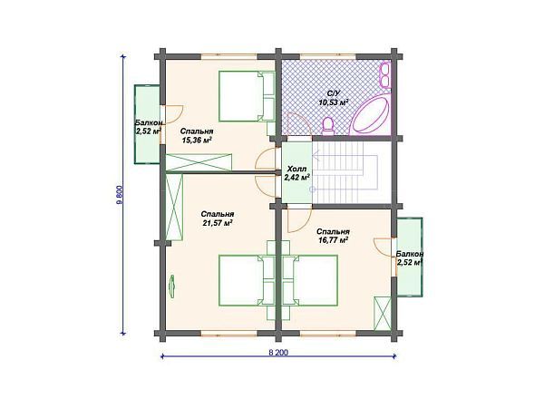 Проект деревянного дома из бревна с 3 спальнями S4-166 (ДО-147)
