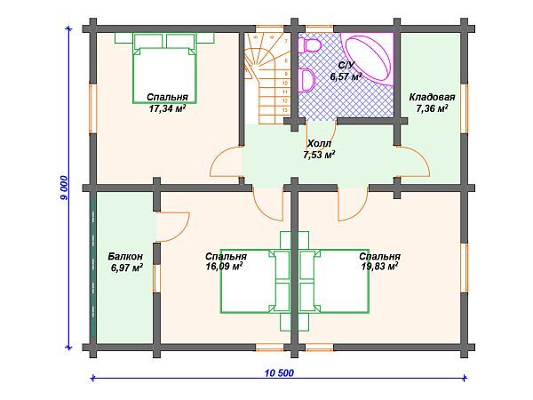 Проект деревянного дома с 3 спальнями и террасой S4-170 (ДС-035)