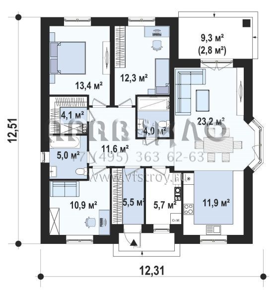 Версия проекта одноэтажного дома Zz16 с гардеробной вместо сауны  S3-108 (Zz16 v1)