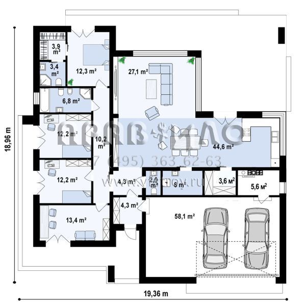 Современный одноэтажный проект дома с многоскатной крышей и гаражом на две машины S3-230 (Z412 30+)