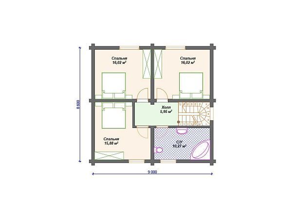 Проект деревянного дома из бревна 9 на 9 м с 3 спальнями S4-168 (ДО-130)