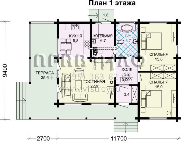 Одноэтажный коттедж из бруса S7-98 (1-47)