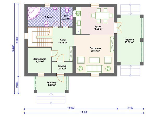 Проект каменного дома с 3 спальнями и террасой S4-177 (К-010)