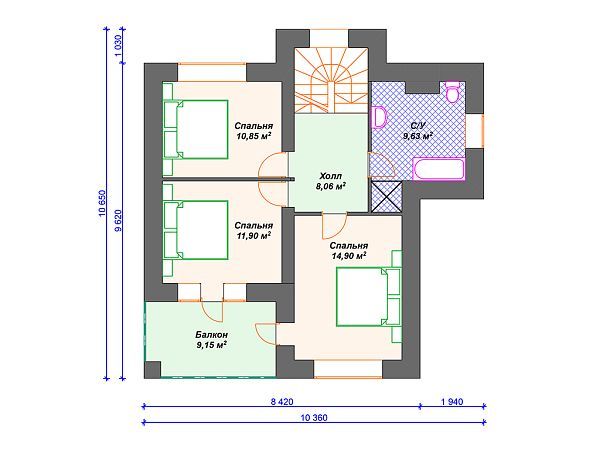 Проект каменного дома с 3 спальнями S4-138 (К-128)