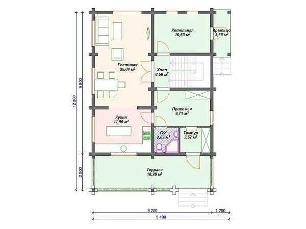 Проект деревянного дома из бревна с 3 спальнями S4-166 (ДО-147)