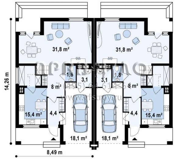 Проект таунхауса с гаражом на две квартиры  S3-158-3 (ZB4)