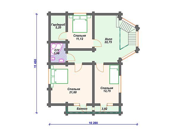 Проект деревянного дома из бревна 10 на 10 м с эркером и 3 спальнями S4-164 (ДО-015)