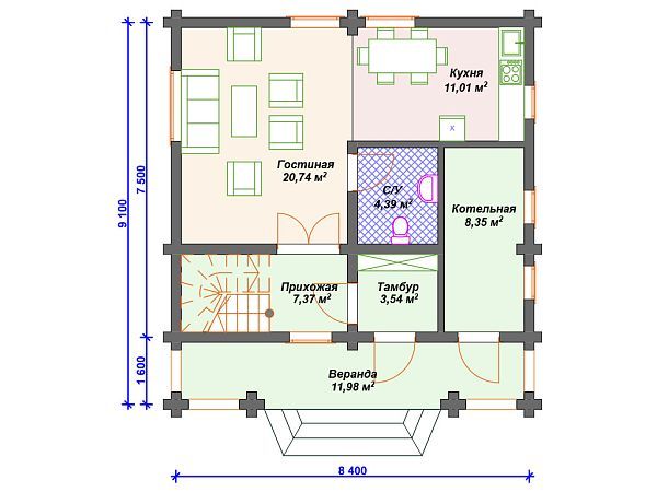 Проект деревянного дома из бревна 8 на 9 м с террасой и мансардой S4-130 (ДО-026)