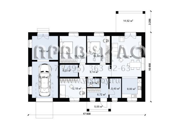 Проект одноэтажного облицованного кирпичом дома с гаражом на одну машину  S-150