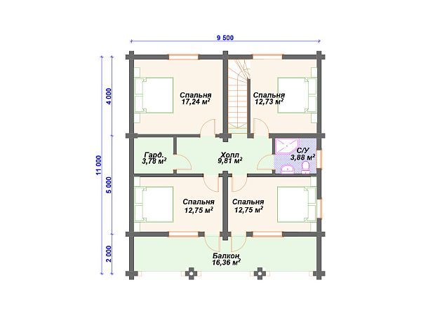 Проект деревянного дома из бревна 9 на 11 м с мансардой и террасой S4-187 (ДО-034)