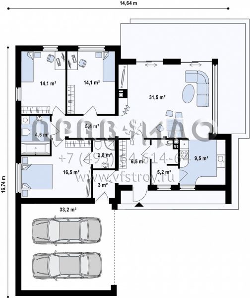 Проект четырехкомнатного дома в стиле хай-тек с гаражом на два автомобиля S3-146-2 (ZX35 GL2)