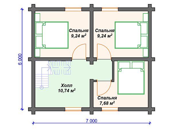 Проект деревянного дома из бревна 7 на 8 м с 3 спальнями S4-86 (ДО-040)