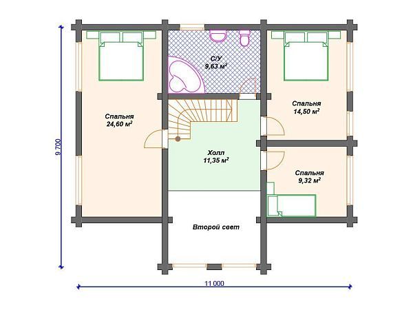 Проект деревянного дома из бревна 10 на 11 м с вторым светом и мансардой S4-166 (ДО-114)