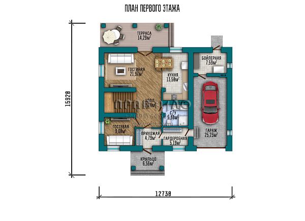 Проект двухэтажного дома с гаражом для автомобиля, большой гостиной, тремя спальнями и просторным гардеробом S2-189 (155-189-2Г)