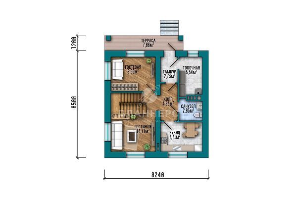Проект с мансардой, террасой и фасадом из тёмного S2-108 (477-108-1М)