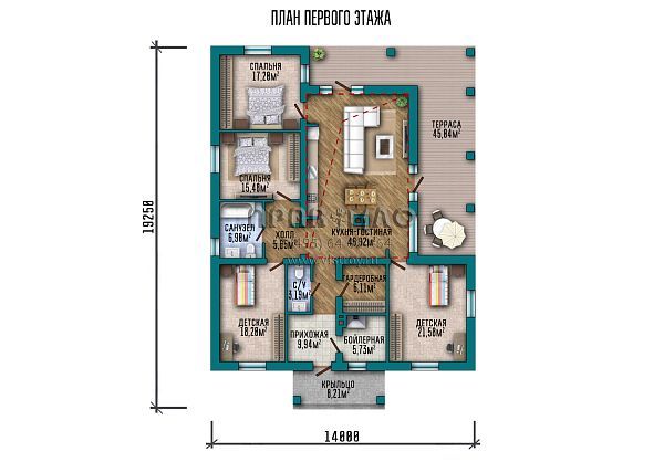 Проект одноэтажного дома с большой угловой террасой и панорамными окнами S2-210 (243-210-1)