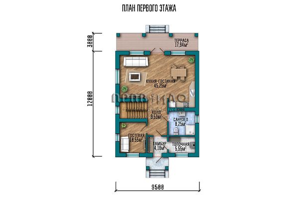 Проект двухэтажного дома с вальмовой крышей, большой террасой и совмещенным помещением кухни-гостиной S2-176 (040-176-2)
