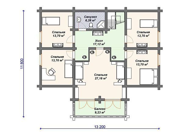 Проект деревянного дома из бревна 10 на 13 м с террасой S4-233 (ДО-074)