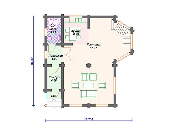 Проект деревянного дома из бревна 10 на 10 м с эркером и 3 спальнями S4-164 (ДО-015)