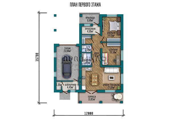 Проект одноэтажного дома с навесом при въезде в гараж, крыльцом и террасой на заднем дворе S2-115 (197-115-1Г)