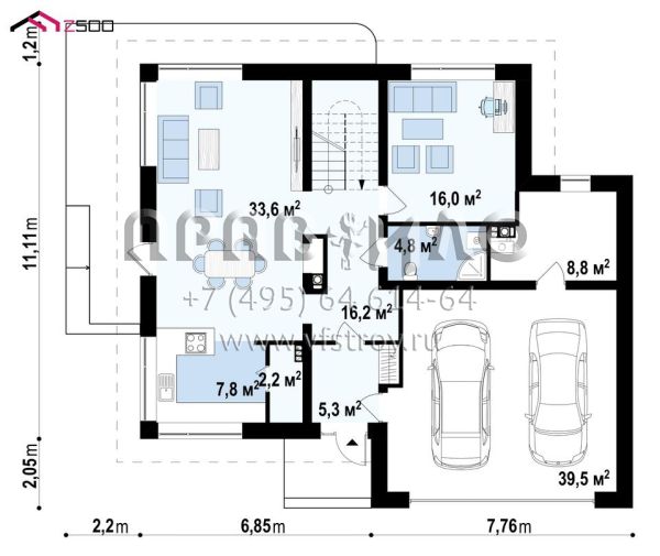 Проект современного одноэтажного дома с мансардой и гаражом на два автомобиля S3-251-1 (zx10 v1)