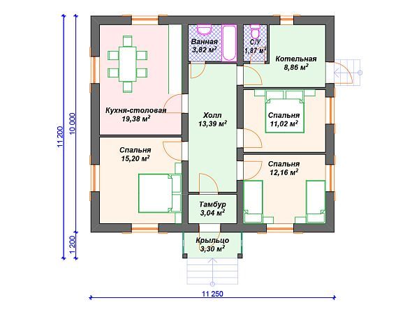 Проект одноэтажного дома с 3 спальнями S4-92 (К-161)