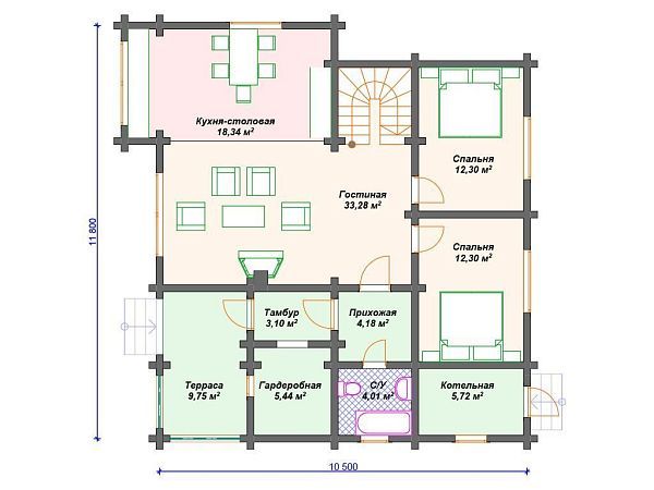 Проект деревянного дома из бруса с террасой S4-146 (ДС-082)