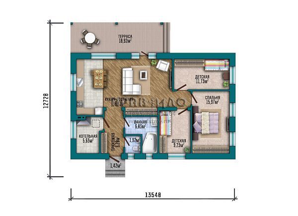 Проект небольшого одноэтажного дома с тремя спальнями S2-114 (383-114-1)
