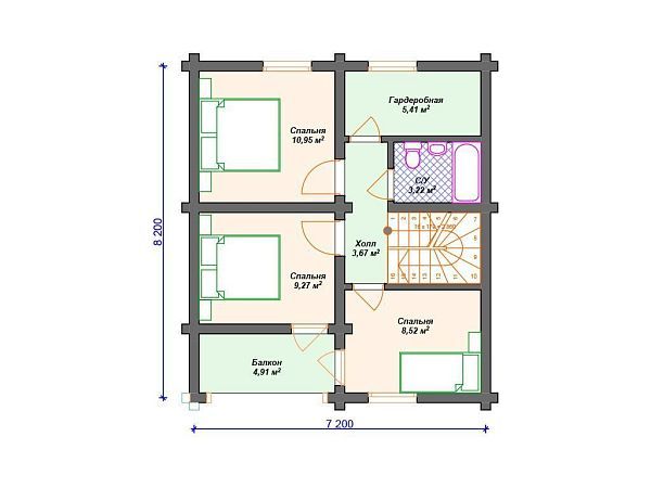 Проект деревянного дома из бревна 7 на 8 м с террасой S4-99 (ДО-120)