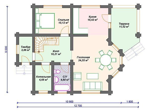 Проект деревянного дома из бревна 9 на 11 м с эркером и террасой S4-140 (ДО-115)