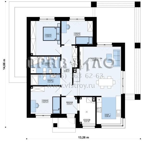 Проект компактного современного одноэтажного дома без гаража S3-103 (Zx138 A sd)