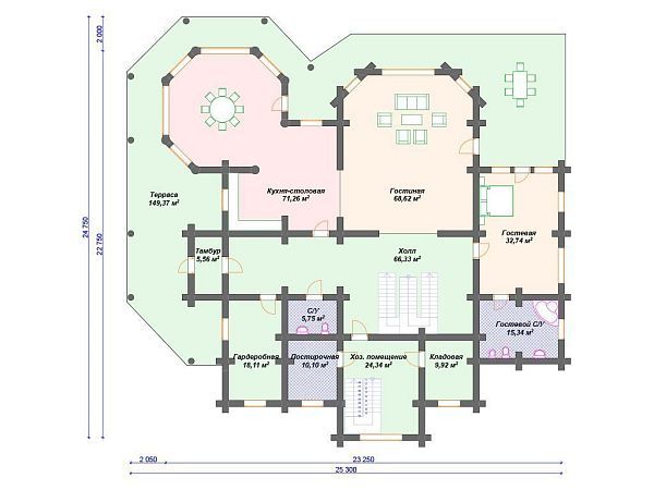 Проект деревянного дома из бревна 23 на 23 м с мансардой S4-759 (ДО-066)