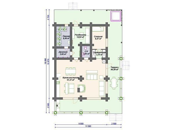 Проект деревянного дома из бревна 9 на 13 м с 3 спальнями и сауной S4-146 (ДО-134)