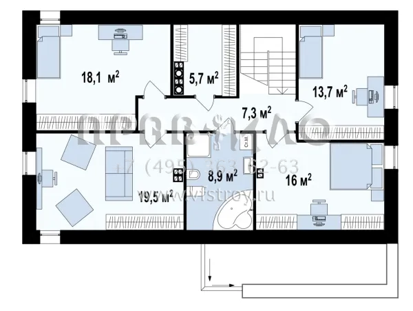 Проект двухэтажного дома с двускатной крышей без карниза  S3-187-2 (Zx38)