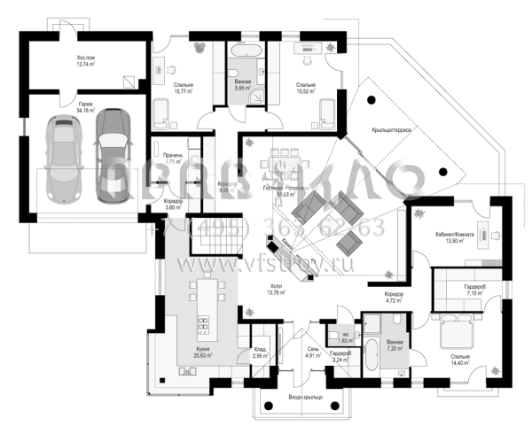 Проект комфортного одноэтажного дома с мансардой, камином и гаражом на два автомобиля S8-315-2 (Парковая Вилла 6)